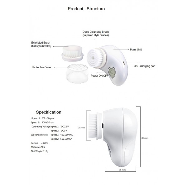 Facial Cleansing Brush Rechargeable with 2 Brush Heads, Portable Waterproof Cleansing System for Gentle Exfoliating, Removing Blackhead