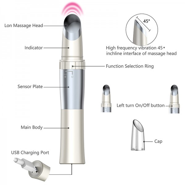 Facial Massager Sonic Ionic Anti-Aging Heated Wrinkle Pen Heated 42℃ ，Eliminate Eye Bags & Puffiness, Dark Circles, USB Rechargeable, (White)